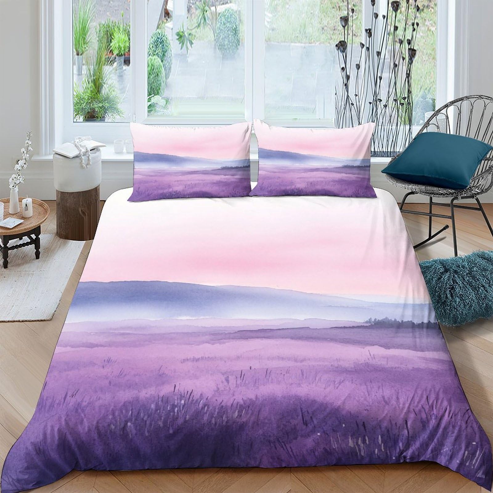 GPLZQXKJNH 3D Printed Lavender Sunset Duvet Cover Microfiber Soft Breathable Misty Horizon Bedding Set with 2 Pillowcases for Bedroom Decor Single（135x200cm）