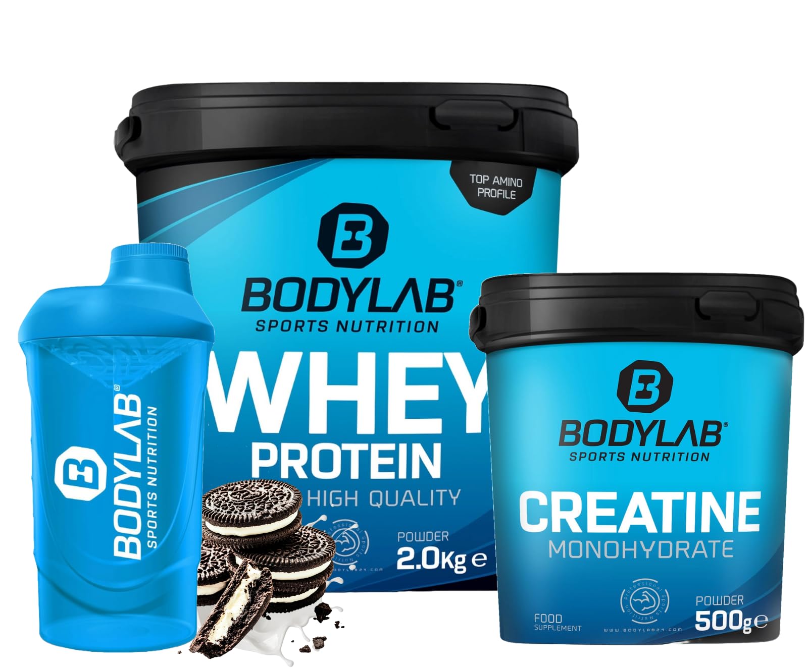 Bodylab24 Megadeal Basic Aufbau, Whey Protein Cookies & Cream, Creatine Monohydrate + Shaker für Kraftsport und Fitness, kann den Aufbau und Erhalt von Muskelmasse unterstützen