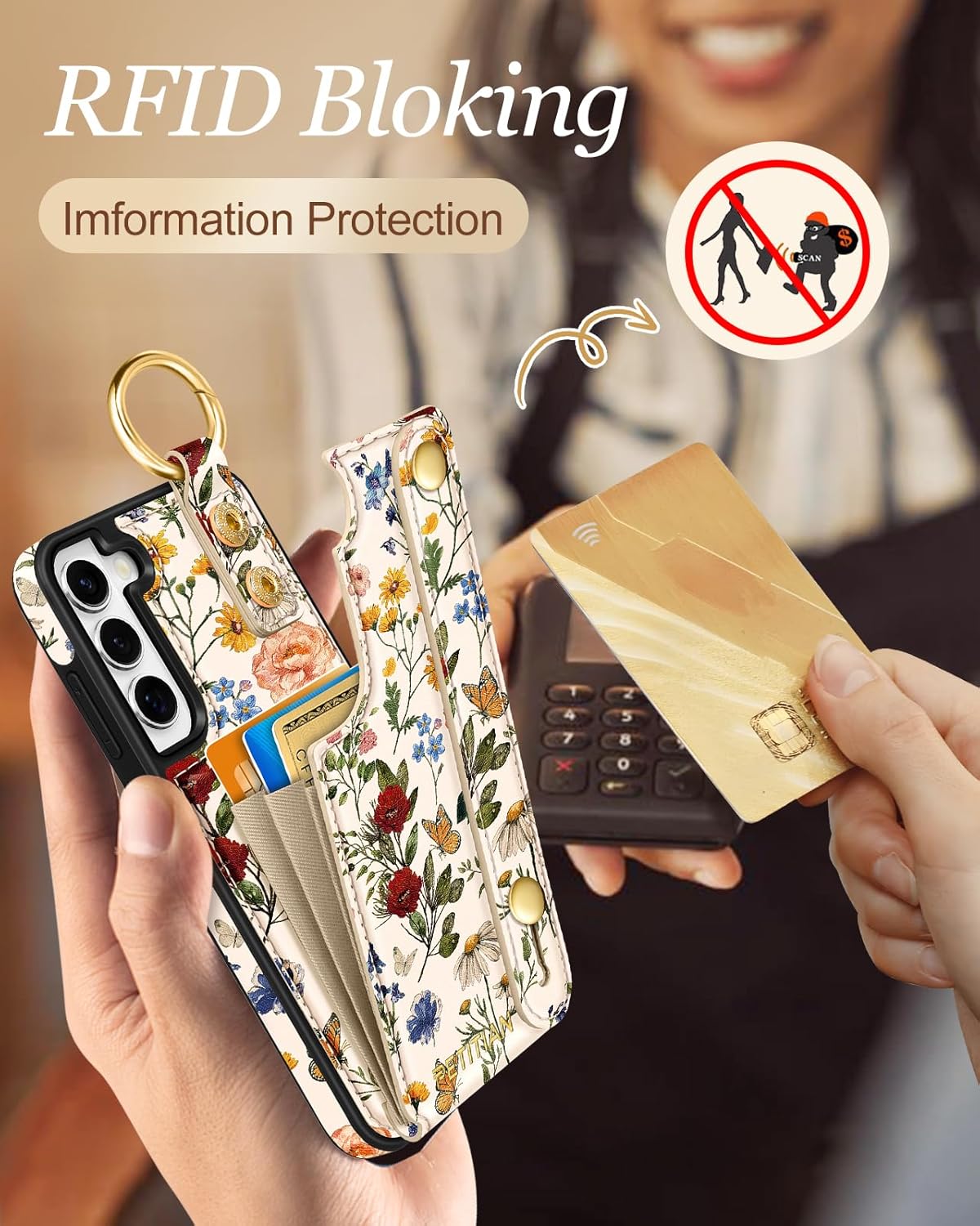 Petitian for Samsung Galaxy S22 Case with Wallet - Women Girls Cute Girly Aesthetic Unique Design Leather Credit Card Holder Cardholder Stand Wristband for S22, Vin Flower - Image 4