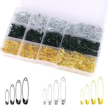 720 Pcs 3 Colors Safety Pins 4 Sizes Strong Safety Pins with Storage Box Assorted for Craft Sewing Art Clothes Jewelry MakingGold, Black, Silver
