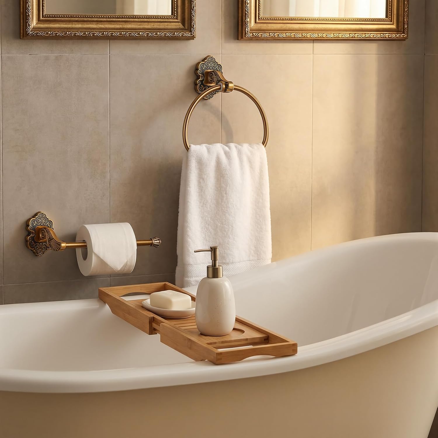 2 Pcs Antique Gold Toilet Paper Holder Towel Ring, Hand Towel Hanger Toilet Paper Roll Holder Wall Mount Retro Vintage Bathroom Hardware (Semicircle)