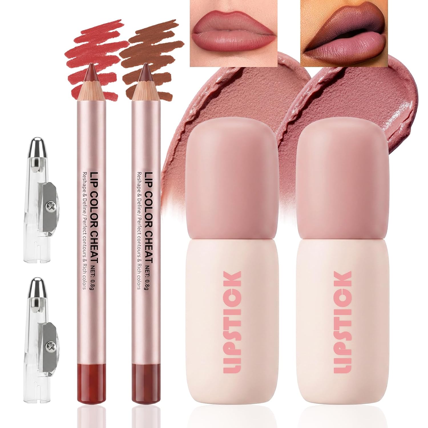 4Pcs Rose Red Pink Long-Lasting Waterproof Lip Liner & Lip Stain Set 02