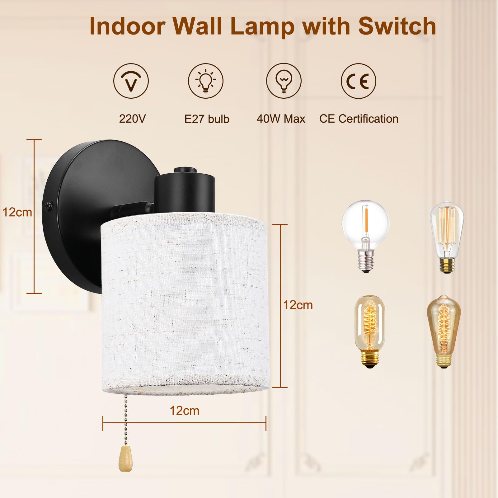 Winverty Pull Cord Wall Lights with Switch, Wall Lamp with Beige Fabric Lampshade - Image 2