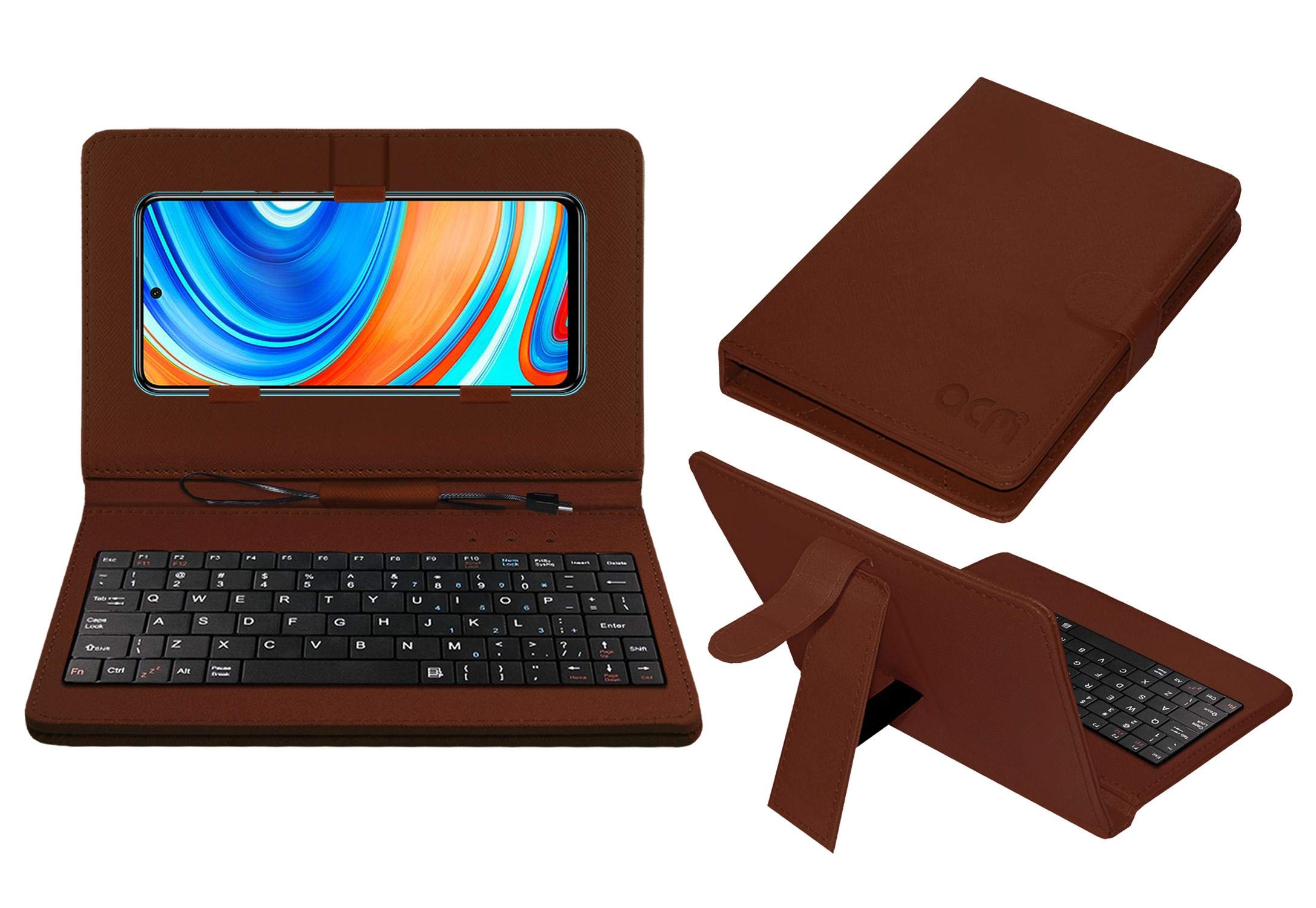 ACM Keyboard Case compatible with Mi Redmi Note 9 Pro Max Mobile Flip Cover Stand Direct Plug & Play Device for Study & Gaming Brown