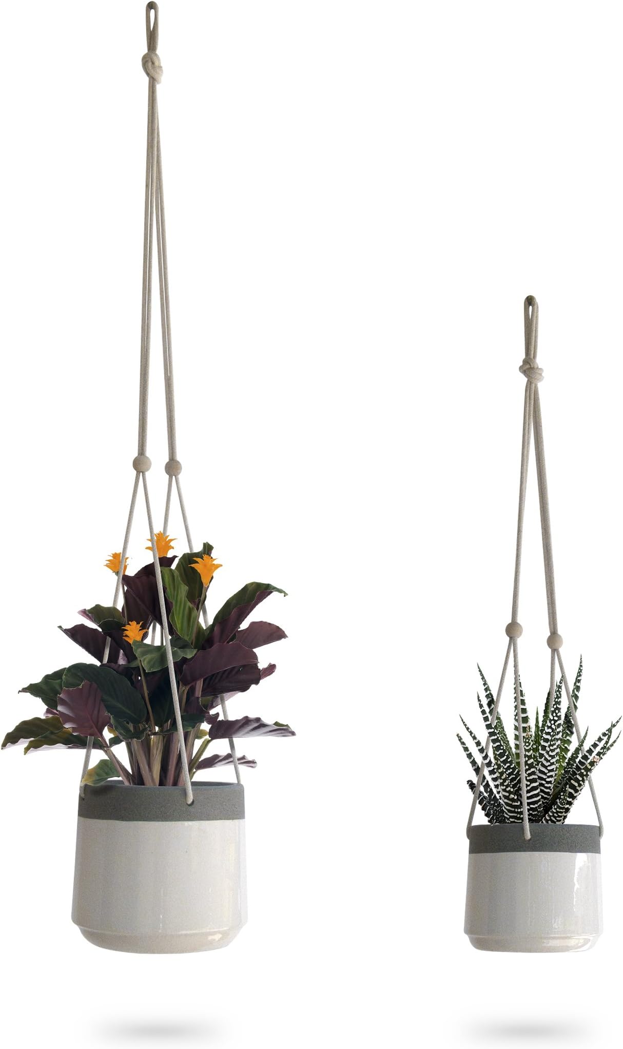 23 Bees Ceramic Hanging Planter, White Gray Succulent Pots, Round Plant Holder Container, Cactus Pot with Cotton Rope Hanger, Indoor Outdoor Decor, (2 Pack x White)