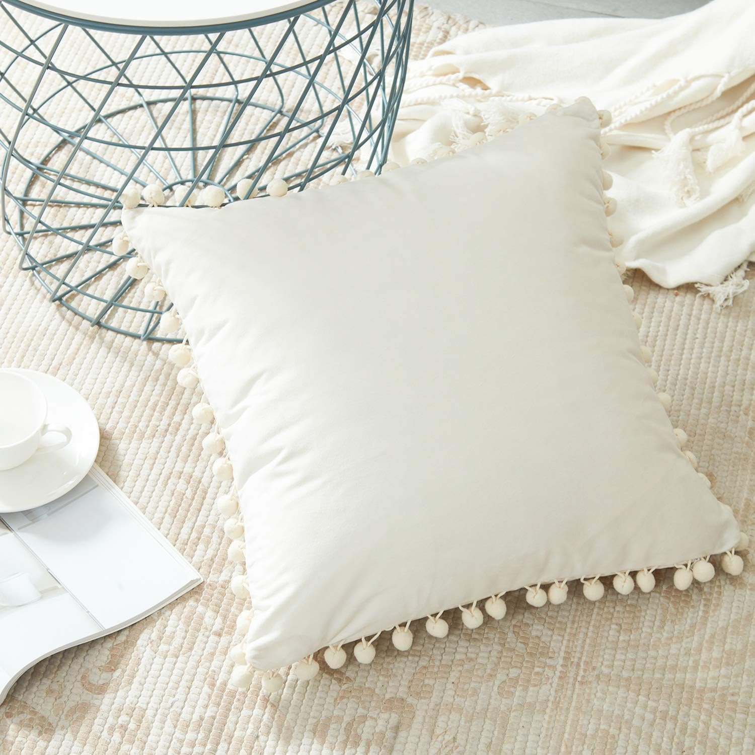 Pack of 2 Soft White Cotton Fabric Cushions Pillow covers Pom Pom Fringes Lace, Throw Pillow shams for Sofa, Couch, Bedroom, Chair, Home Decor, Boho Indian Pillowcases, Covers Only (20 x 20 Inches(2))