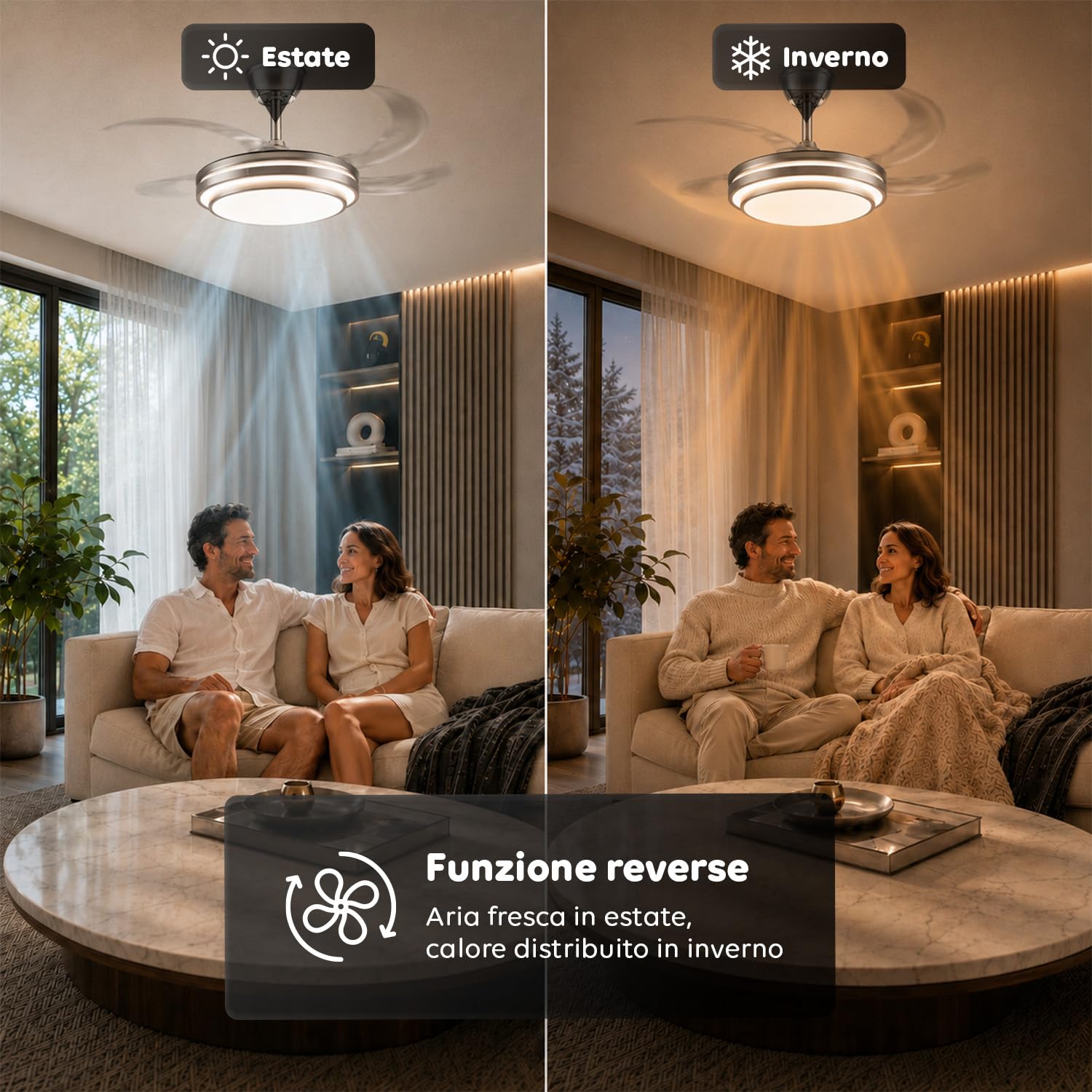 Avilia - Ventilatore da Soffitto con Pale Retrattili - Diametro 106 cm in Ferro/ABS - LED 72W Dimmerabile 3 Tonalità di Luce Integrata Calda Naturale e Fredda - 6 Velocità, Telecomando e Timer 2h