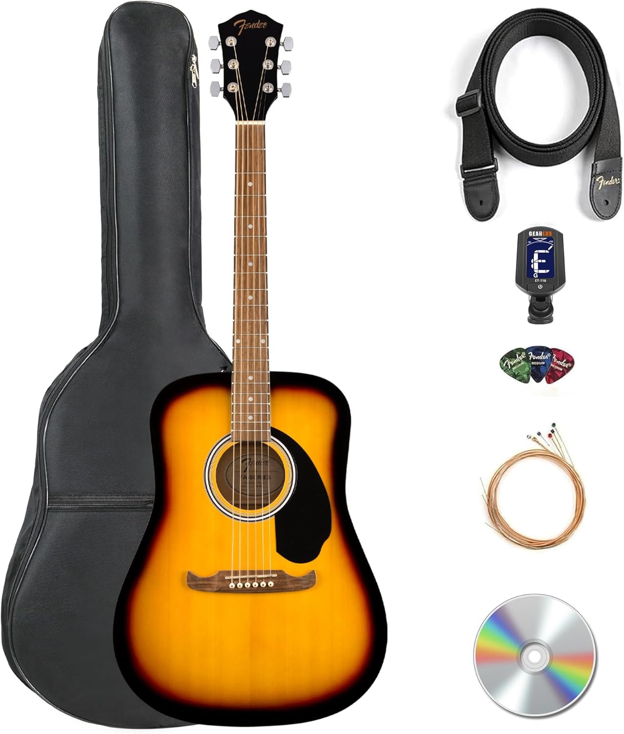 Fender FA-125 Dreadnought Acoustic Guitar - Sunburst Bundle with Gig Bag, Tuner, Strings, Strap, Picks, and Austin Bazaar Instructional DVD