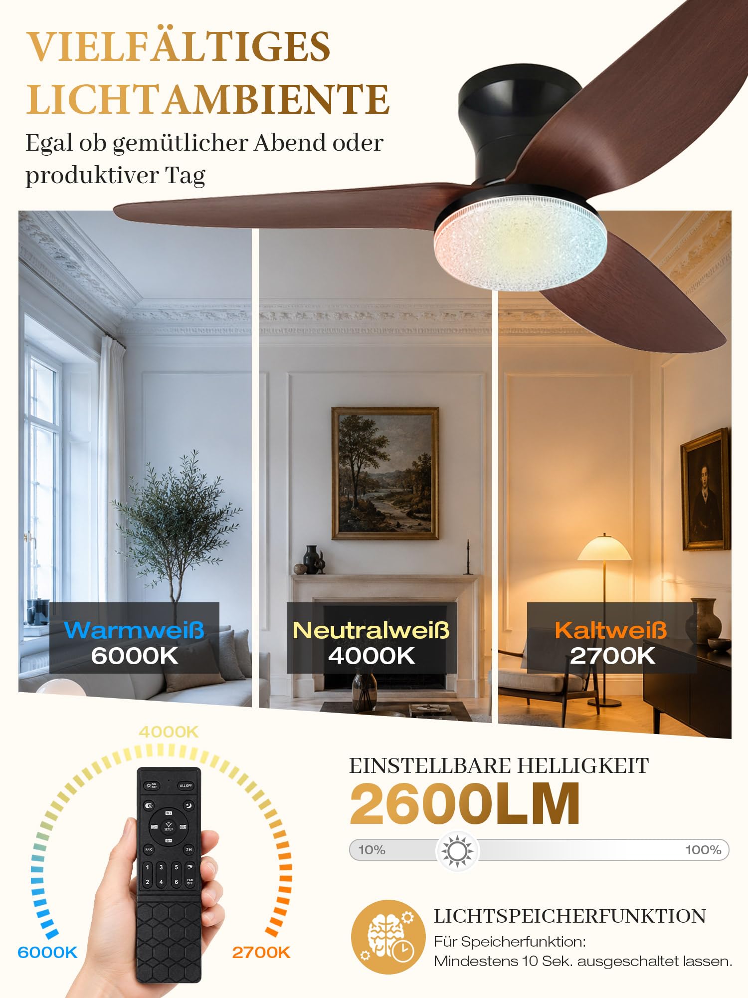 Deckenventilator mit Beleuchtung Leise, Kristalloptik, 100 cm, Reversibler DC-Motor, Dimmbare LED-Lampe mit Ventilator, App und Fernbedienung, 6 Gang, Timer, für Schlaf- und Wohnzimmer