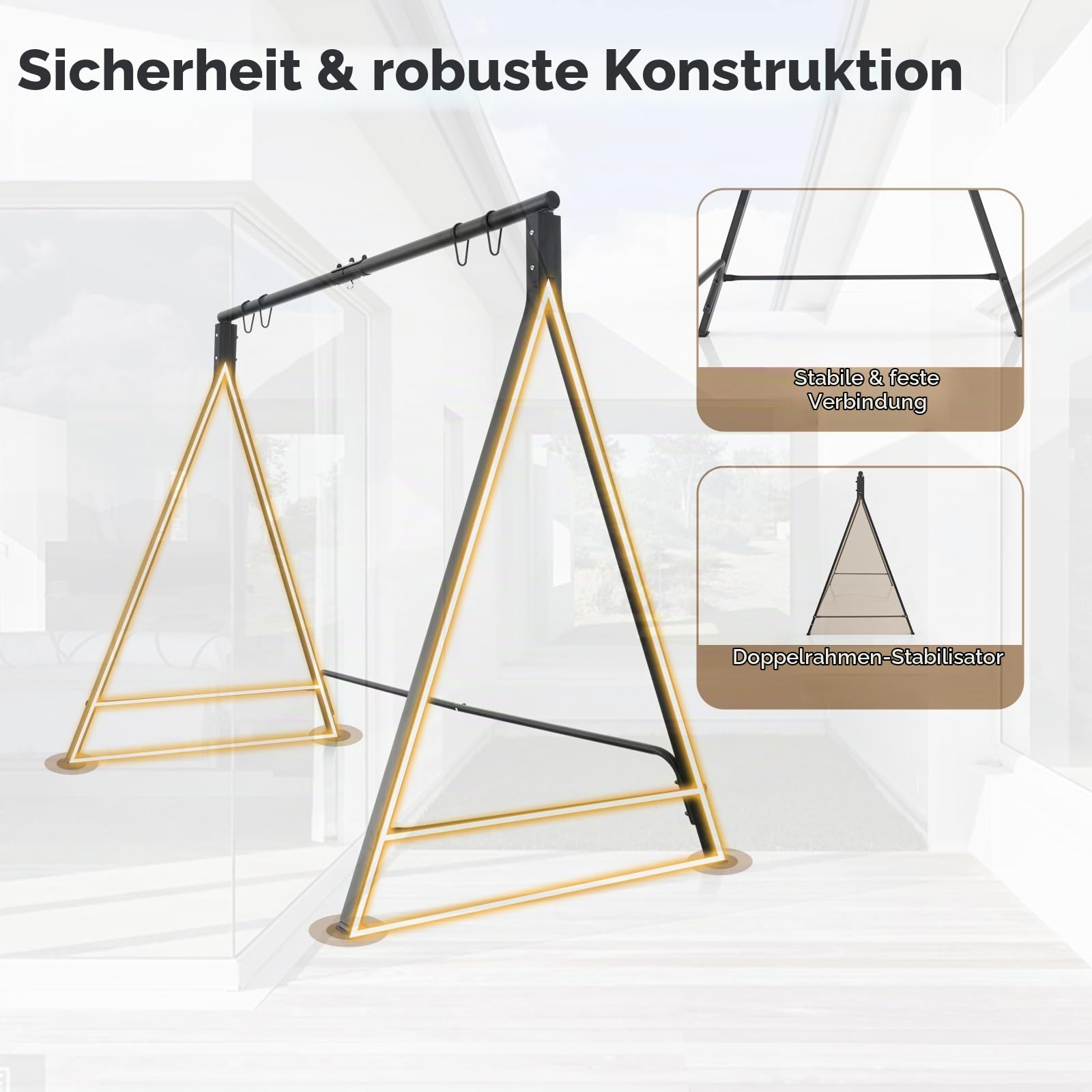 KOMFOTTEU Schaukelgestell Hängebankgestell, Schaukel Gestell für Hollywoodschaukel Schaukelbank, Gartenschaukel Rahmen aus Metall in A-Form, Schaukelständer mit 5 Aufhängeringen, 210x115x175 cm