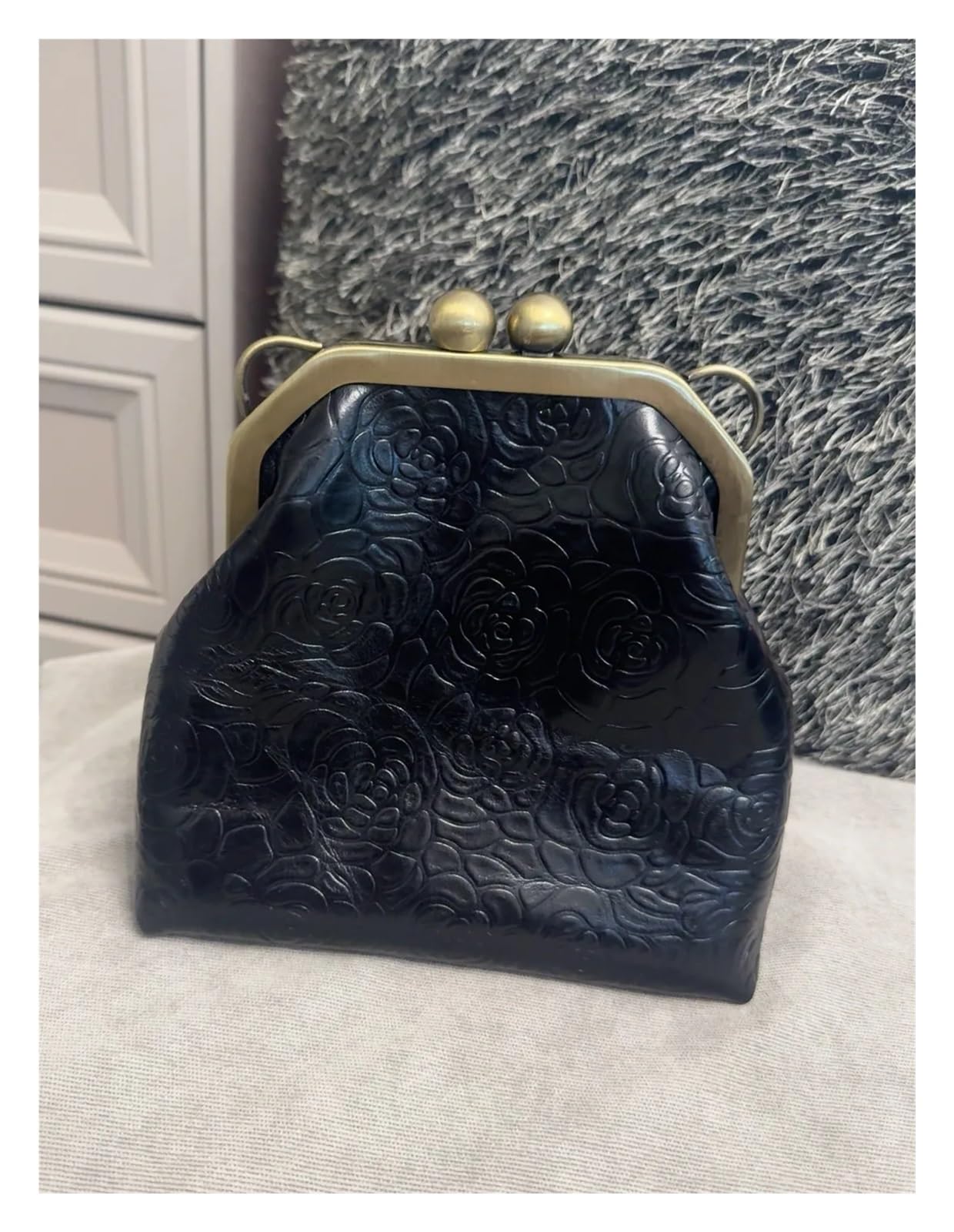 Portamonete con chiusura a bacio con perla Portafoglio con pochette in pelle fatta a mano con struttura in metallo 17x7x17 cm