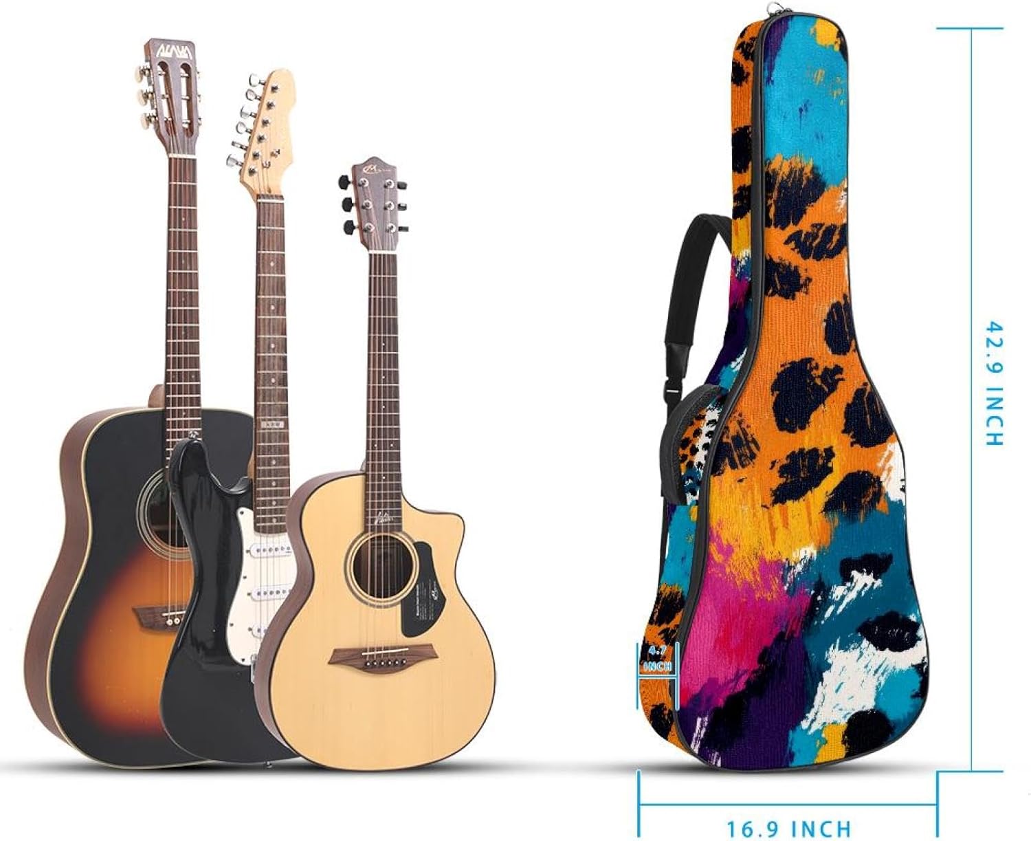 40 41 42 Inch Acoustic Guitar Bag, 0.4 In Thick Sponge Padded Guitar Case Gig Bag with Back Hanger Loop and 2 Pockets, Leopard Animal Skin Abstract Pattern