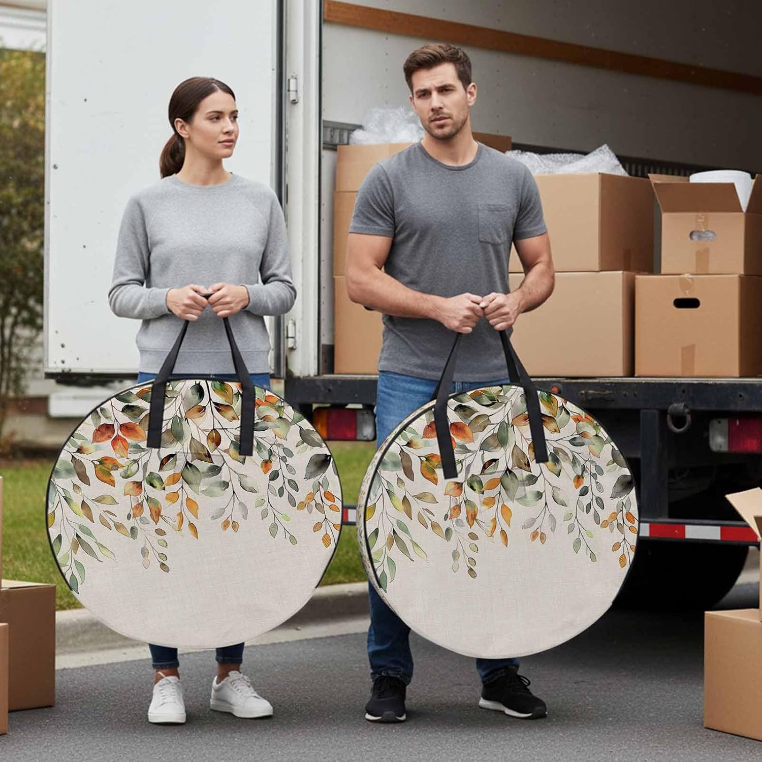 Fall Sage Round Storage Bag 36 Inch, Green Eucalyptus Leaves Linen Background Clothes Storage Container with Handles Heavy Duty Organizer for Comforter, Bedding & Holiday Wreaths