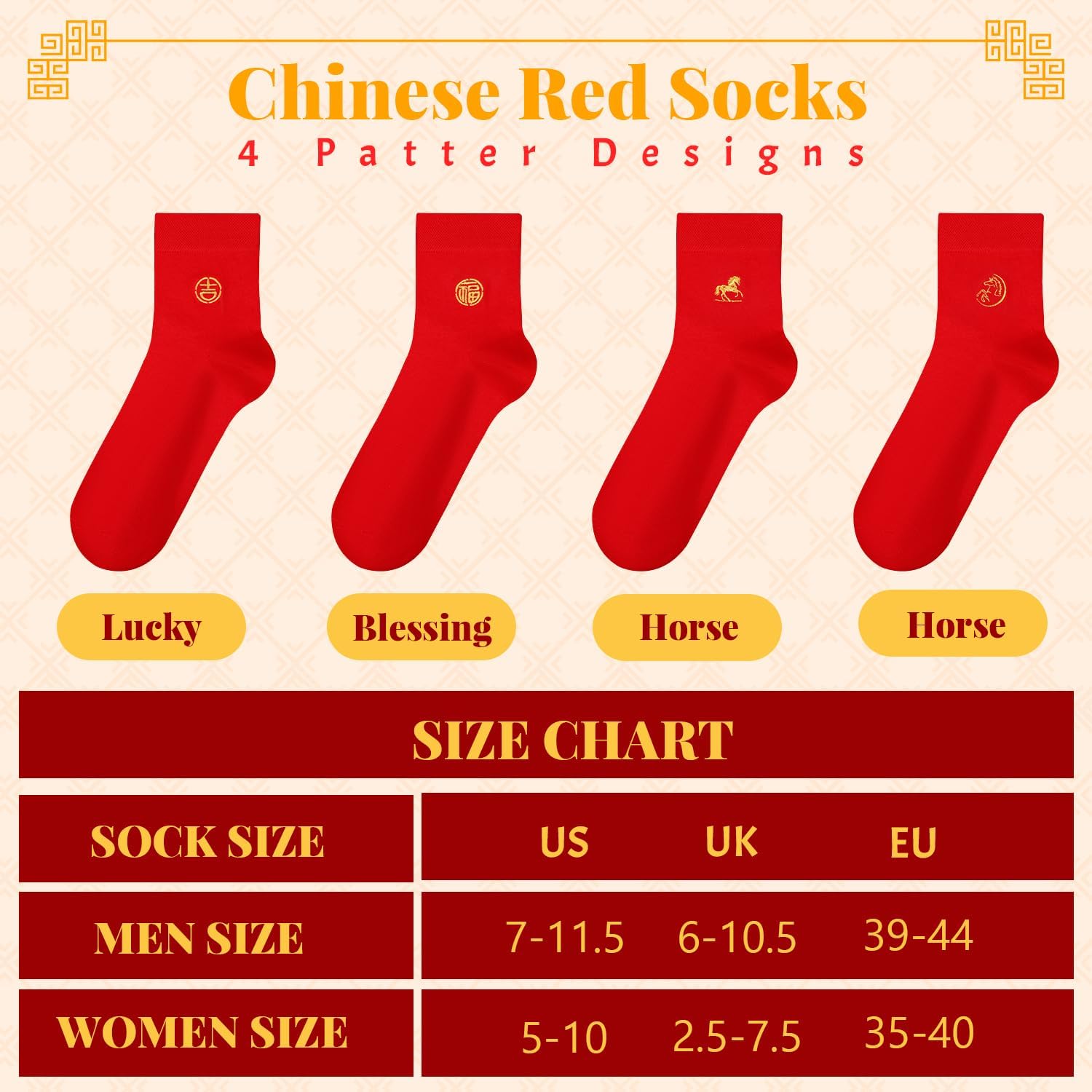 Chinese Red Socks Women Men, 4 Pairs Chinese New Year Socks, 2026 Year of Horse Spring Festival Clothing Accessories - Image 4