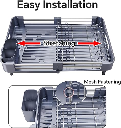 Miniatura 8 de Estante para secar platos escurridor de platos de cocina expandible 132 a 197 pulgadas organizador de fregadero de acero inoxidable y juego de