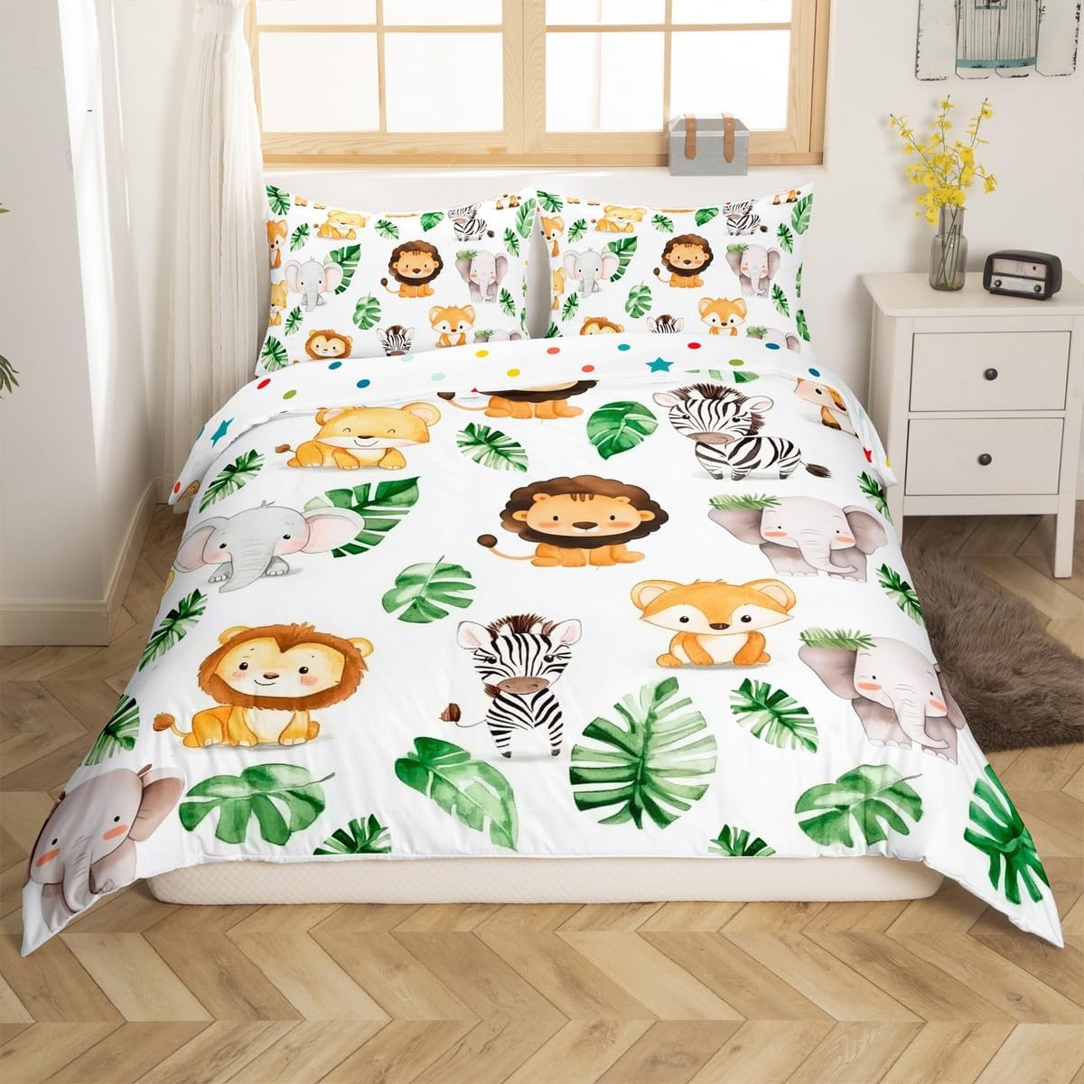 Erosebridal Cute Animal Toddler Duvet Cover for Kids Boys Girls,Cartoon Woodland Wildlife Bedding Set Lion Fox Elephant Giraffe Zebra Comforter Cover Green Palm Leaves Jungle Quilt Cover