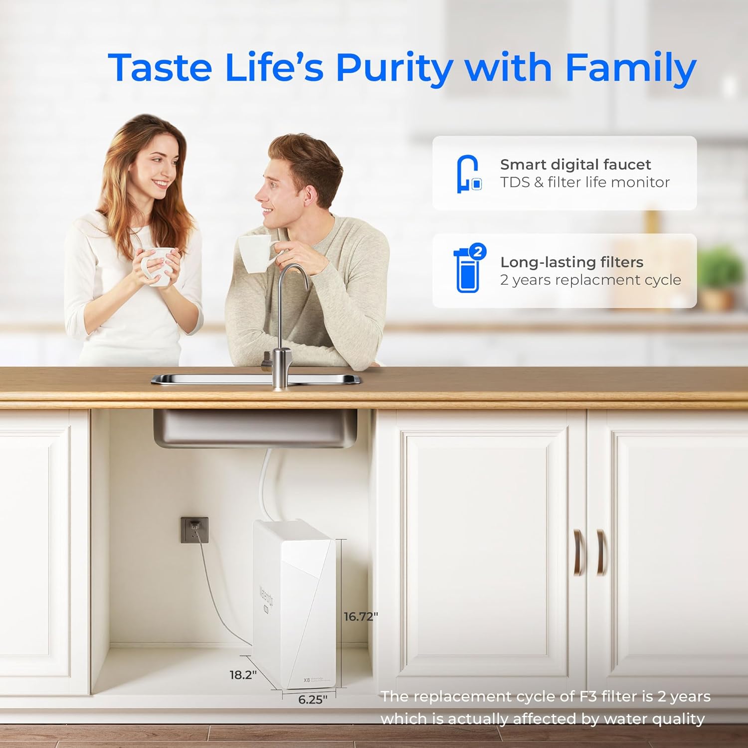 Waterdrop X8 Reverse Osmosis System, NSF/ANSI 42&58&372 Certified, 800 GPD Tankless RO Water Filter, 9-Stage Filtration, Undersink, 2:1 Pure to Drain, LED Faucet, BPA Free, [ NO Minerals Added ]