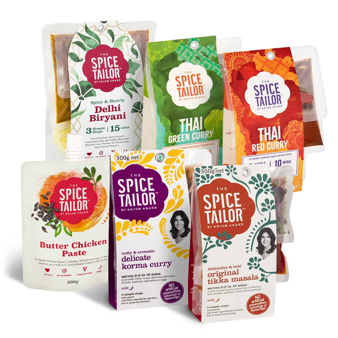 The Spice Tailor - Asian & Indian Curry Sauce Variety Pack, einschließlich Thai Green & Thai Red Curries, Tikka Masala, Korma & Biryani, Vegetarisch - Fakeaway Bundle