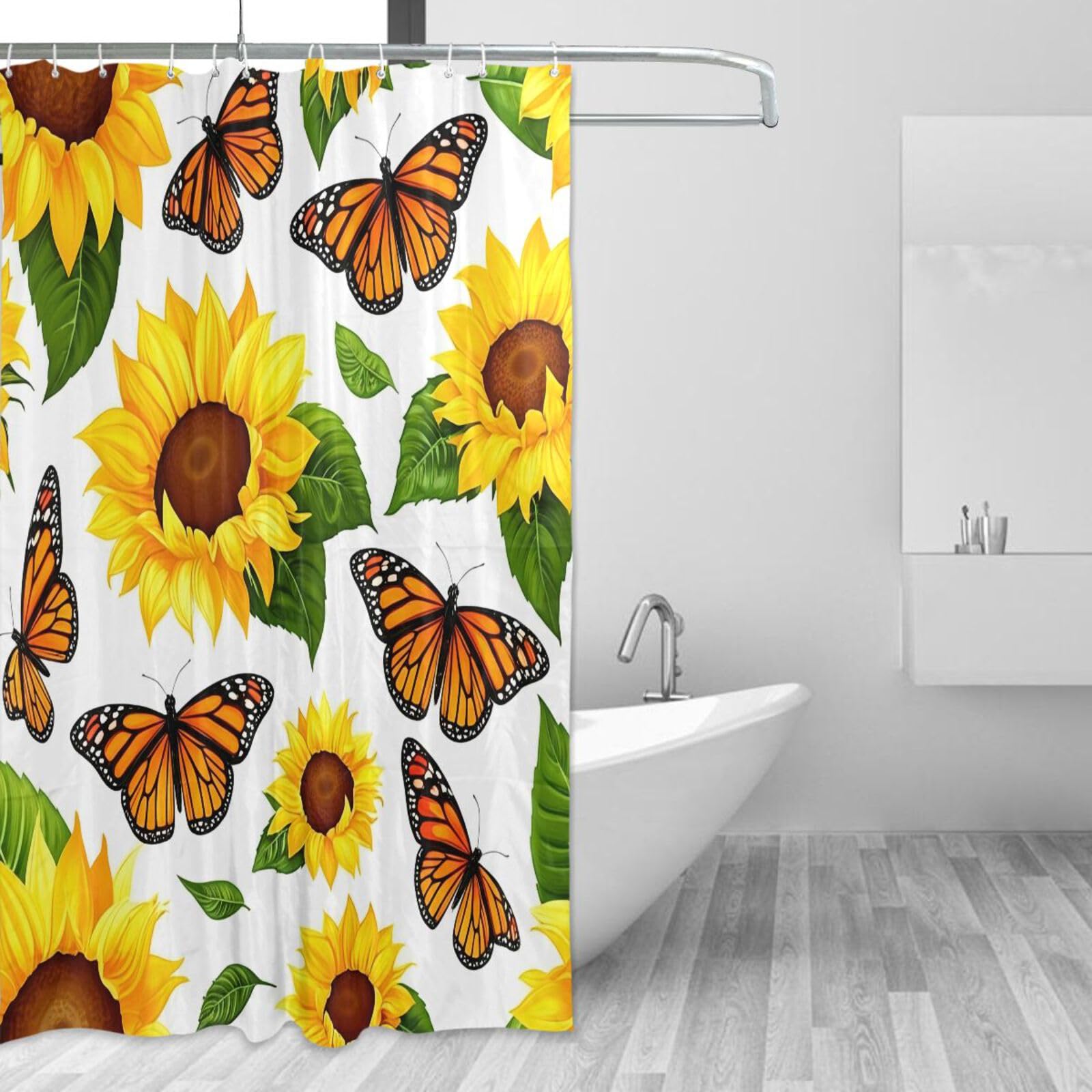 DUOBU Sunflowers Butterflies Shower Curtain Washable Waterproof Fabric Bath Curtain 60x72Inch Shower Curtains with Hooks for Bathroom Decor