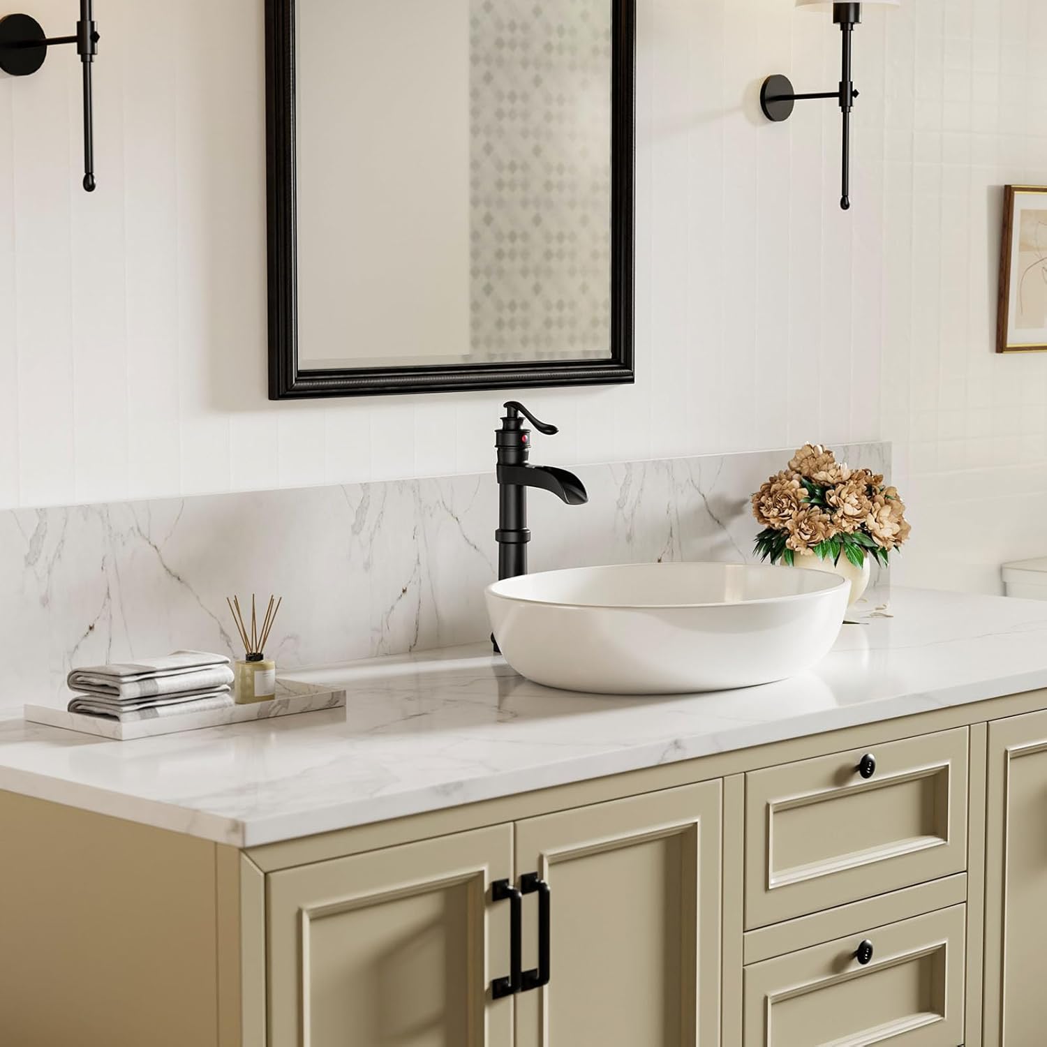 Vessel Sink Faucet, Matte Black Bathroom Waterfall Sink Faucet Tall Bathroom Single Handle 1 Hole Farmhouse with Pop Up Without Overflow Drain Lavatory