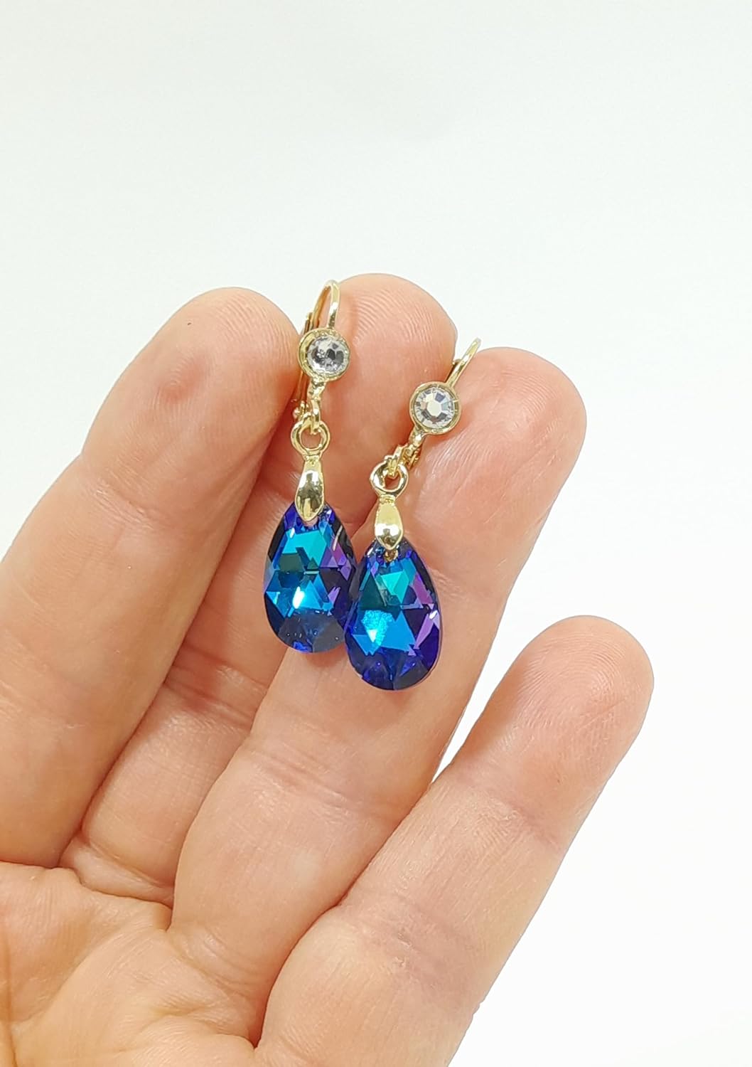 statement designed 14K Gold plated Earrings with Unique Original Austrian Crystals Lever back closure dangle 16 mm pear crystal Deep Blue - Image 4