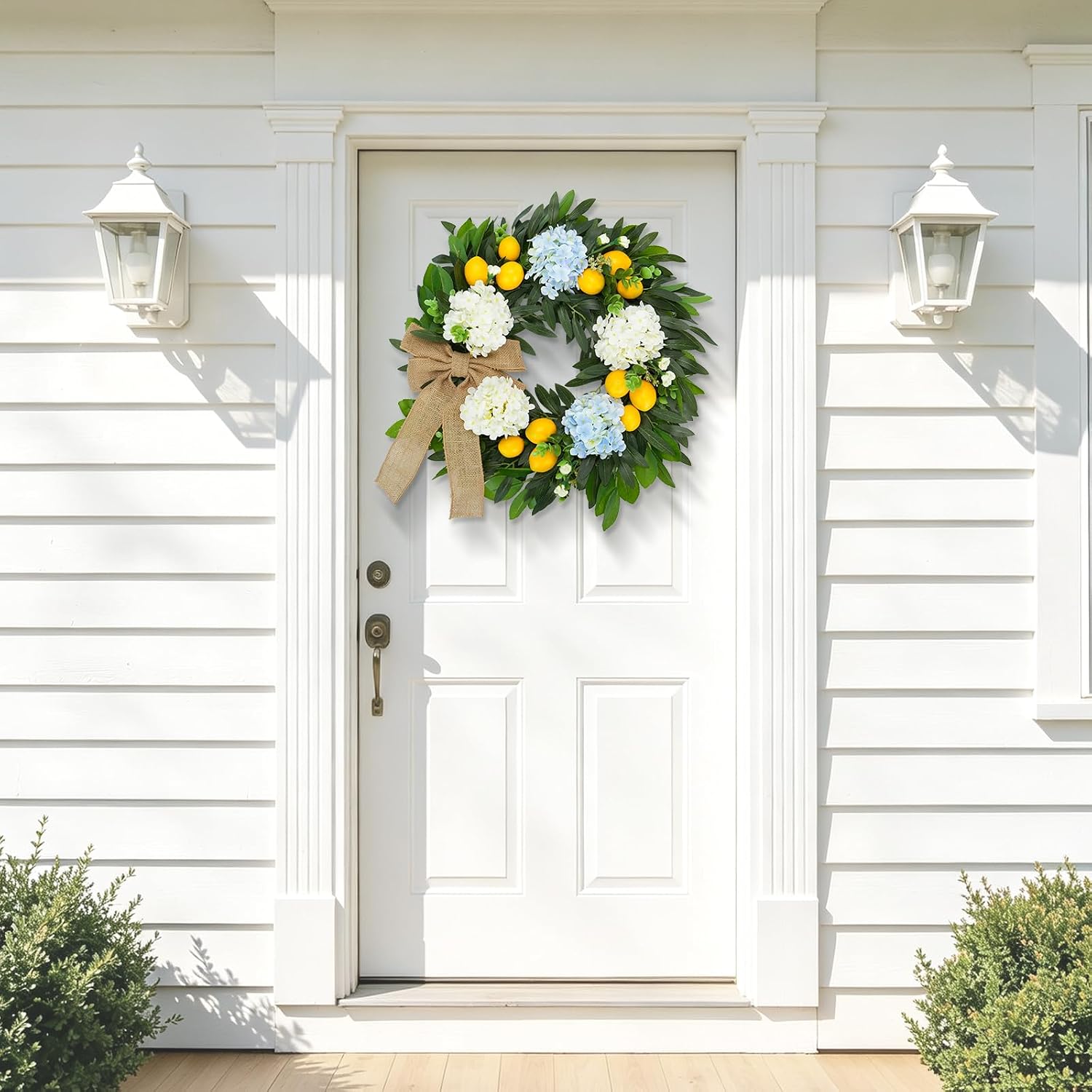 22 Inch Lemon Wreath for Front Door, Spring Summer Wreaths for Outside with Hydrangeas, Greenery and Burlap Bow, Artificial Citrus Floral Wreath for Farmhouse Porch Wall Window Kitchen Decor