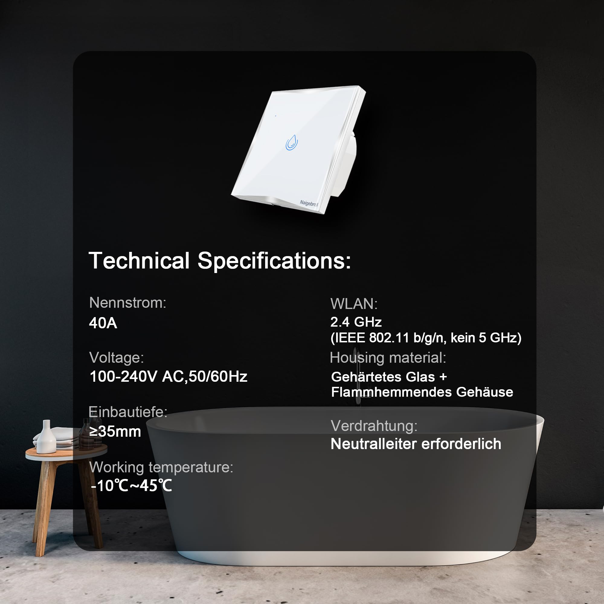 Interruttore intelligente WiFi 123 40 A per scaldabagno, interruttore touch da parete con conduttore neutro, vetro temperato bianco con cornice argentata, app TUYA, compatibile Alexa e Google, 230 V