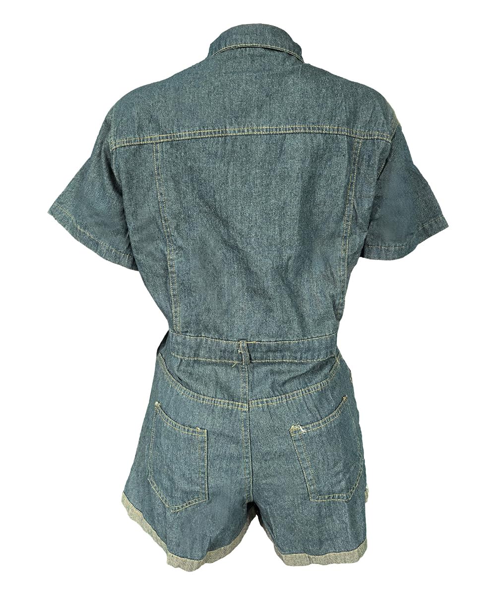 Femmes Haute Taille Manches Courtes Denim Combinaison Lavé Revers Jean Shorts Rompers