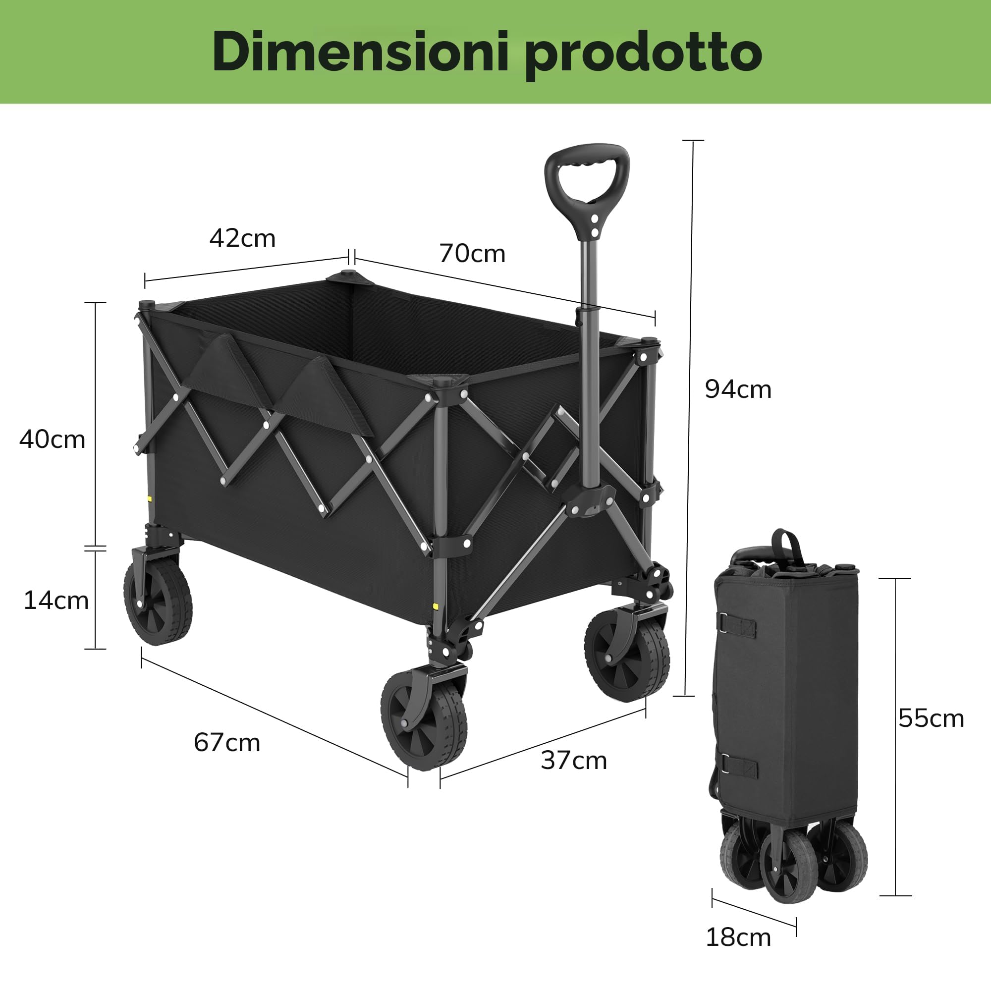 Morpilot Carrello Pieghevole Resistente con Ruote, Carrello Fuoristrada per Giardinaggio, Campeggio, Shopping, Spiaggia e Sport all'aperto, Nero, Capacità Massima 220 Litri e 150 kg