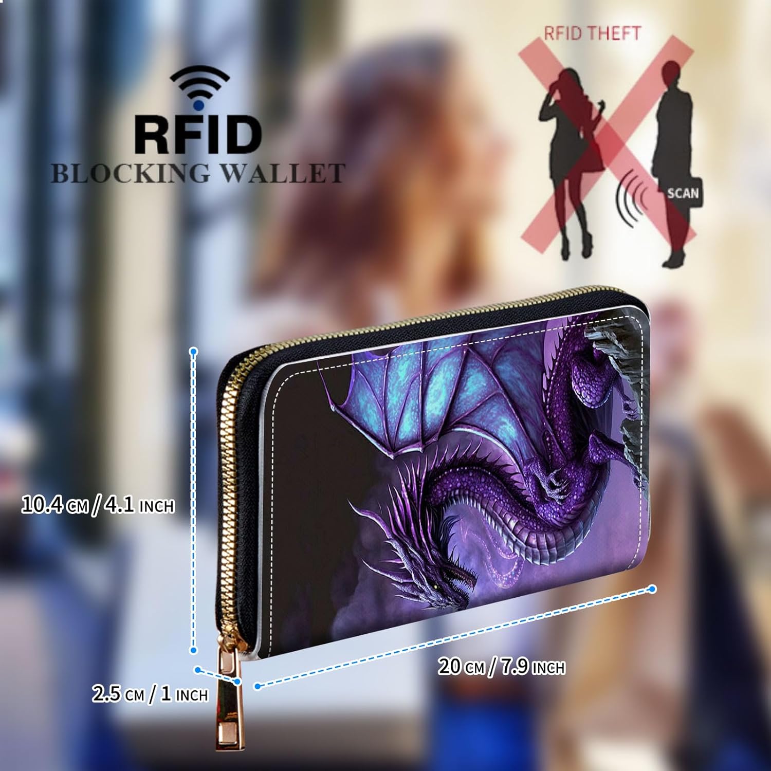 Womens Wallet, Large Capacity RFID Blocking PU Leather Wristlet Wallets for Women Ladies Men Credit Card Holder Zipper Wallet Phone Holder Clutch Travel Purse, Purple Dragon - Image 2