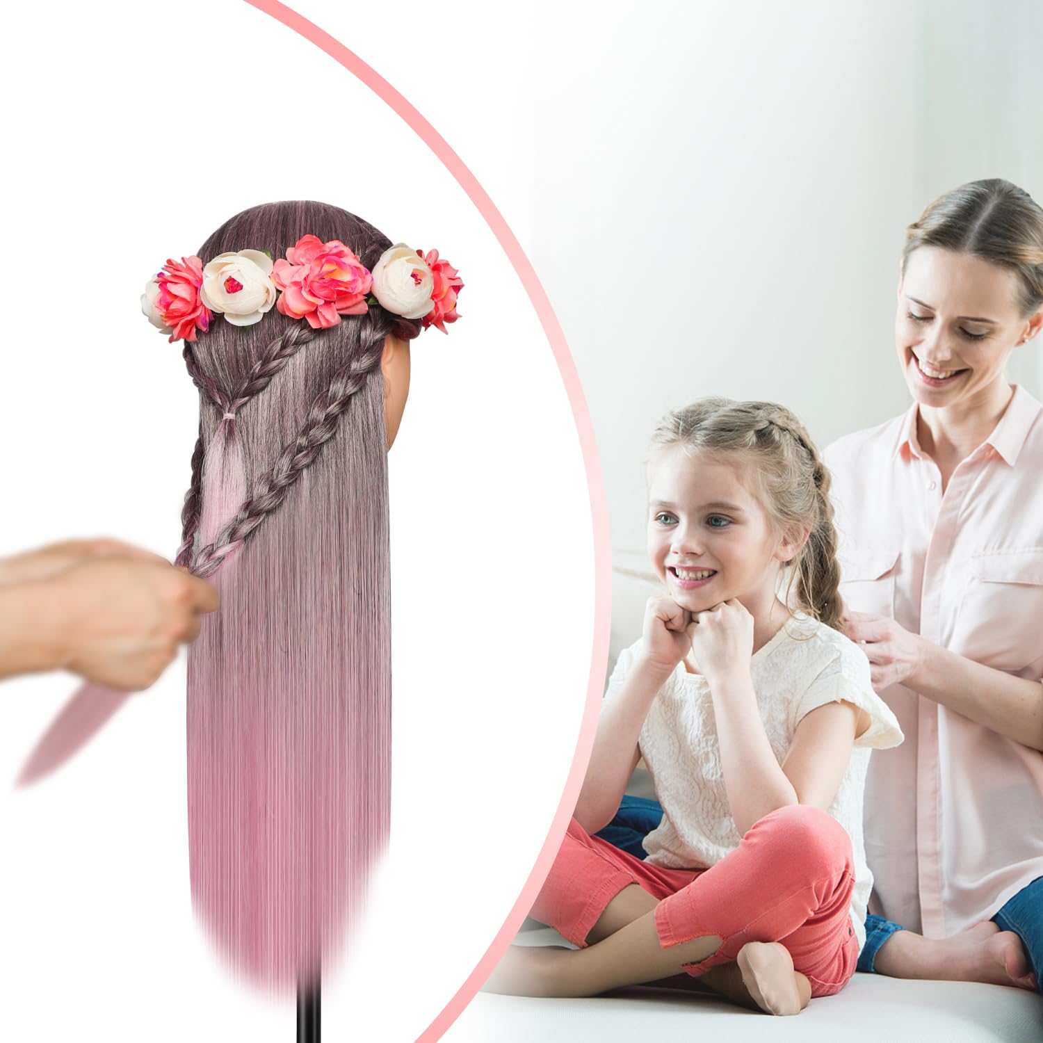 Trainingsköpfe, 28 inch Frisierkopf für Frisöre 100% Synthetikfaser-Haar Übungskopf,mit DIY Stricken Kit und kostenlose Tabelle Clips (Gradient pink)