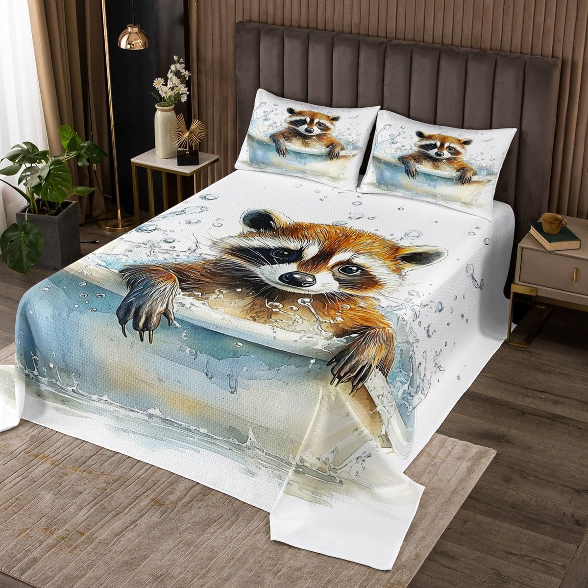jejeloiu Cartoon Raccoon Quilted Zoo Animal Coverlet Set for Kids Boys Girls Wildlife Bedspread Bubble Print Quilted Coverlet Bedroom Collection 3Pcs King Size