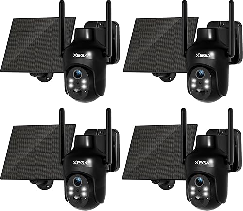 Xega Paquete de 4 cámaras de seguridad solar WiFi, cámara IP inalámbrica PTZ HD para exteriores, batería recargable de vigilancia con panel solar,