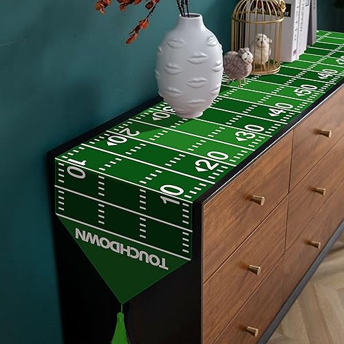 Miniatura 7 de Wehhbtye Paquete de 2 caminos de mesa de fútbol para cocina, camino de mesa de 12 x 71 pulgadas, cancha de fútbol americano con borlas, camino de