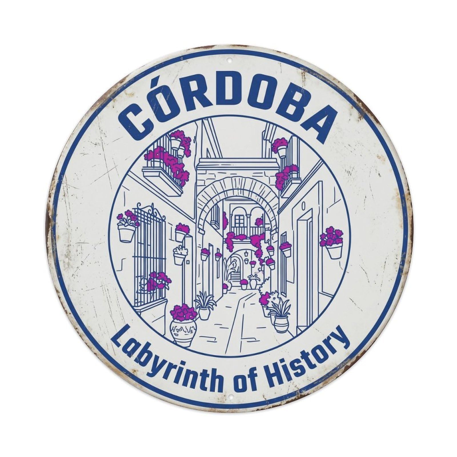 Cordoba Quarter Flowers Classic Cartography Travel Cityscape Metal Tin Sign Plaque Wall Decor for Cafe, Man Cave, Club Bar, Office, Home Garden Round Metal Poster 8x8Inch