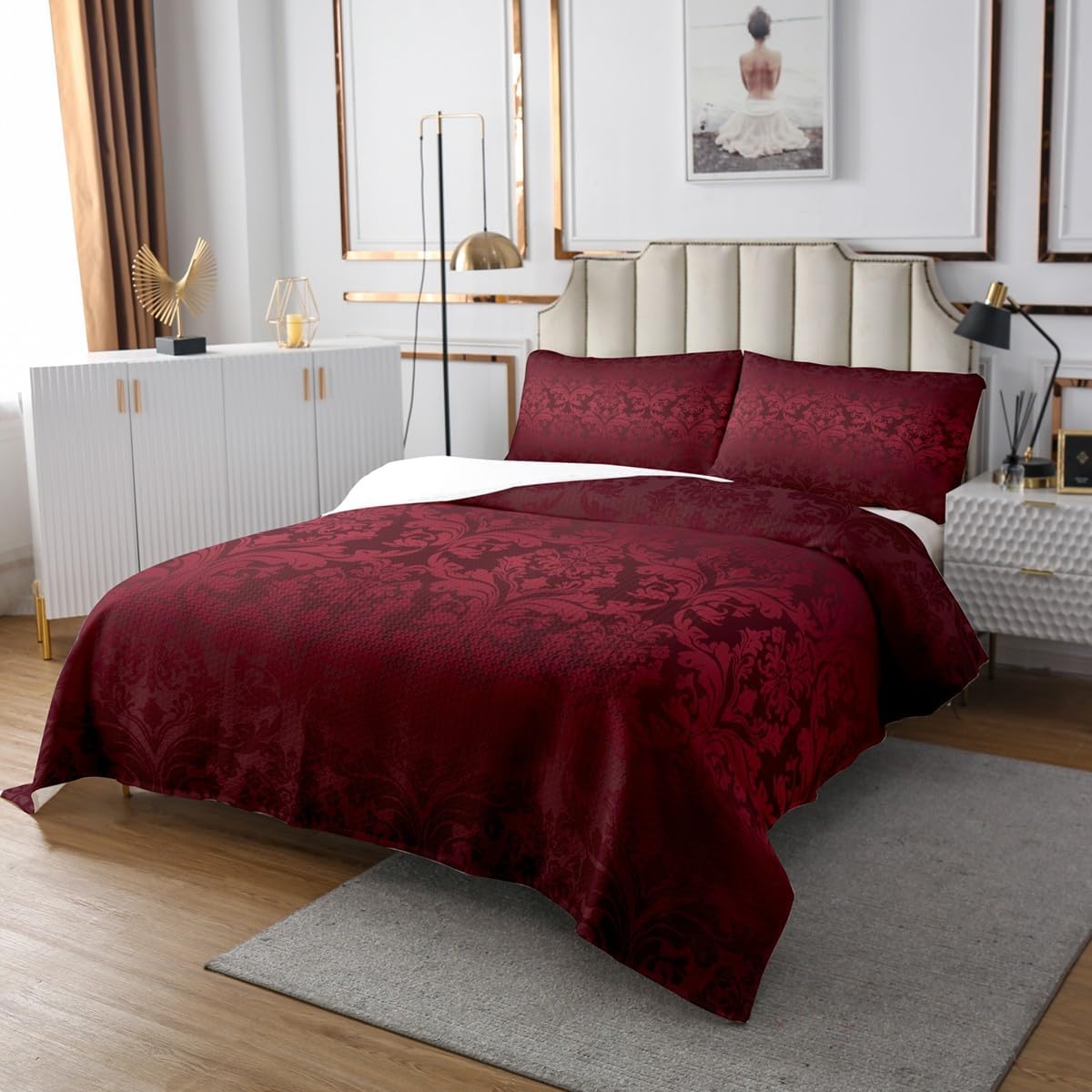 Erosebridal Boho Floral Quilt Set Victorian Queen Bedspread Set,Gothic Paisley Coverlet Set Baroque Vintage Damask Goth Quilted,Wine Red Antique Exotic Flowers Bohemian Decor