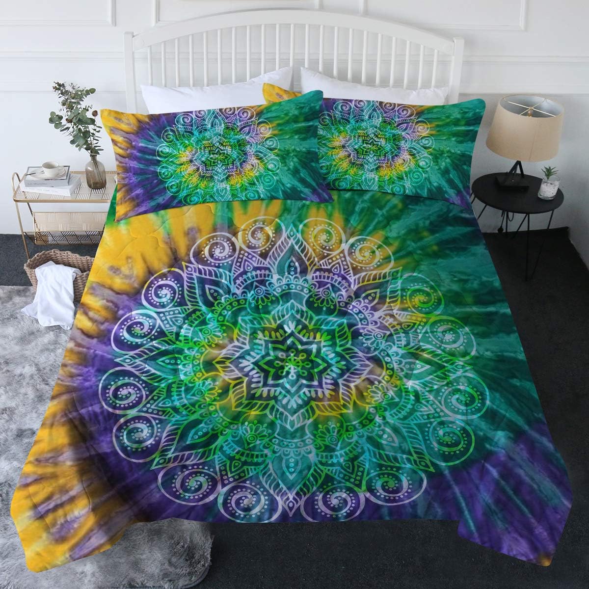 BlessLiving 3 Piece Tie Dye Comforter Set with Pillow Shams Bohemian Lotus Flower
