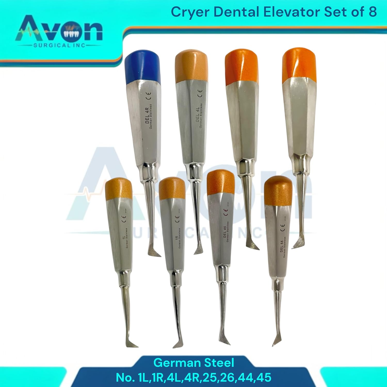 Root and Tooth Extraction Dental Cryer Elevator Pick, Sharp Angled Tip, Color-Coded Handle Ends | Autoclave-Safe German Stainless Steel Dental Instruments (8, #1L+#1R+#4L+#4R+#25+#26+#44+#45 - Set)