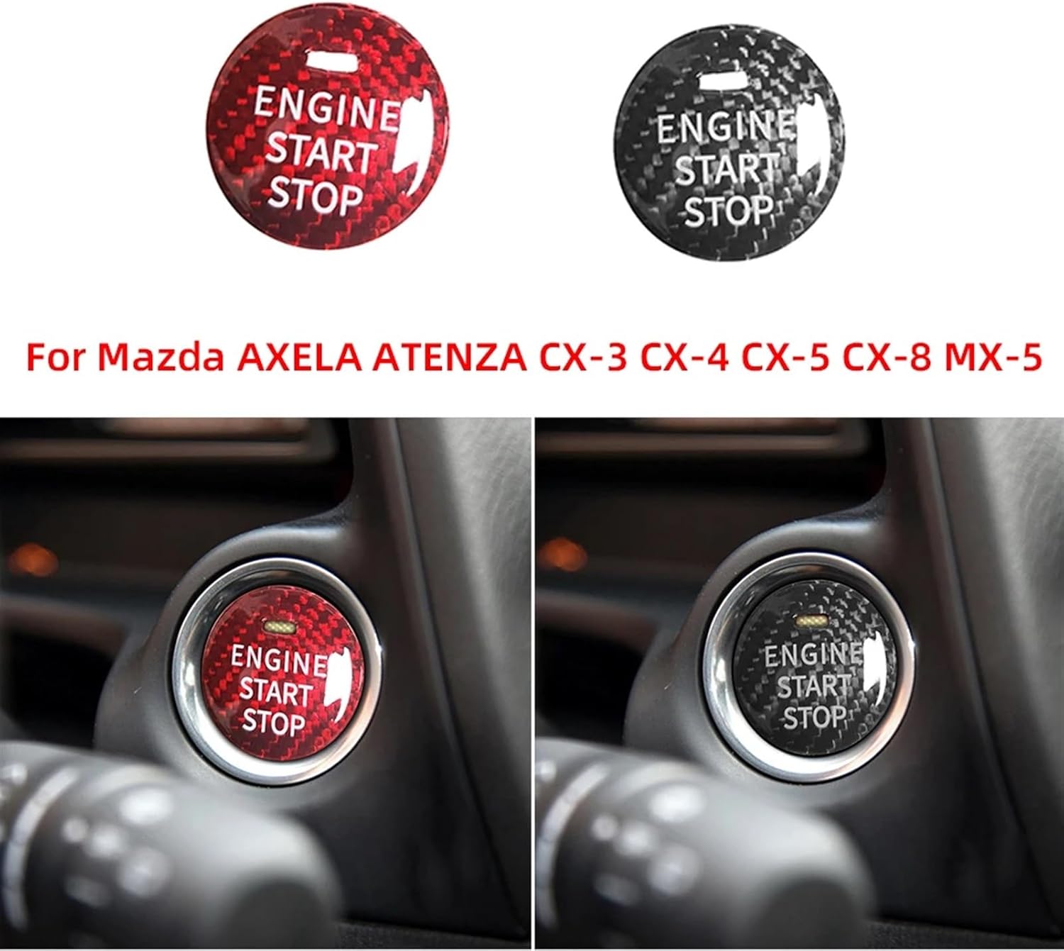 Carbon Fiber Styling Sticker Car Start Stop Engine Switch Button Cover Trim for mazdas 3 Accessoire Axela CX3 CX5 CX8 MX-5(Black)