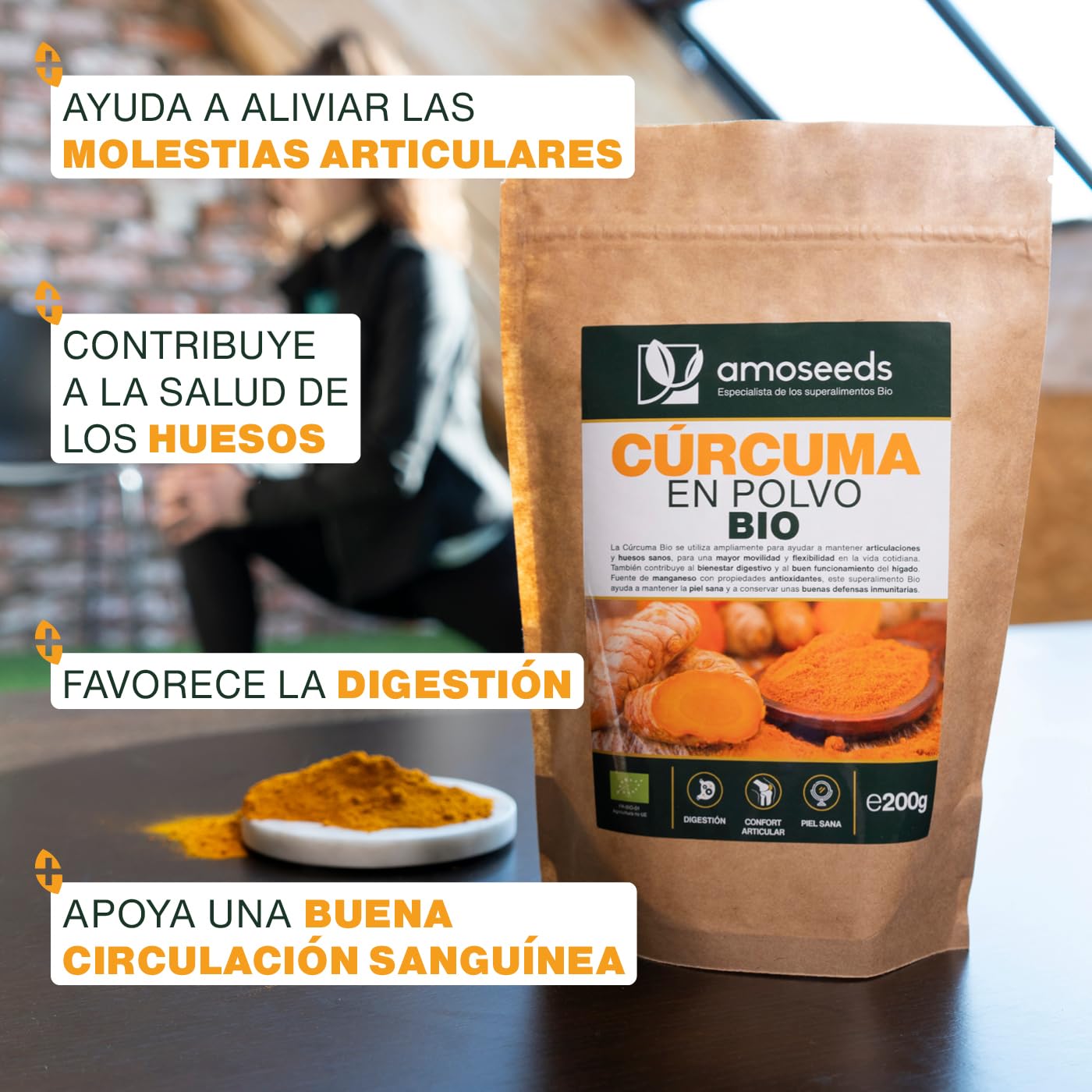 Cúrcuma en polvo Bio 200G | 100% Raíces de Cúrcuma Orgánica con Curcumina | Articulaciones, Digestión | Para Comidas, Golden Latte | Primera Calidad