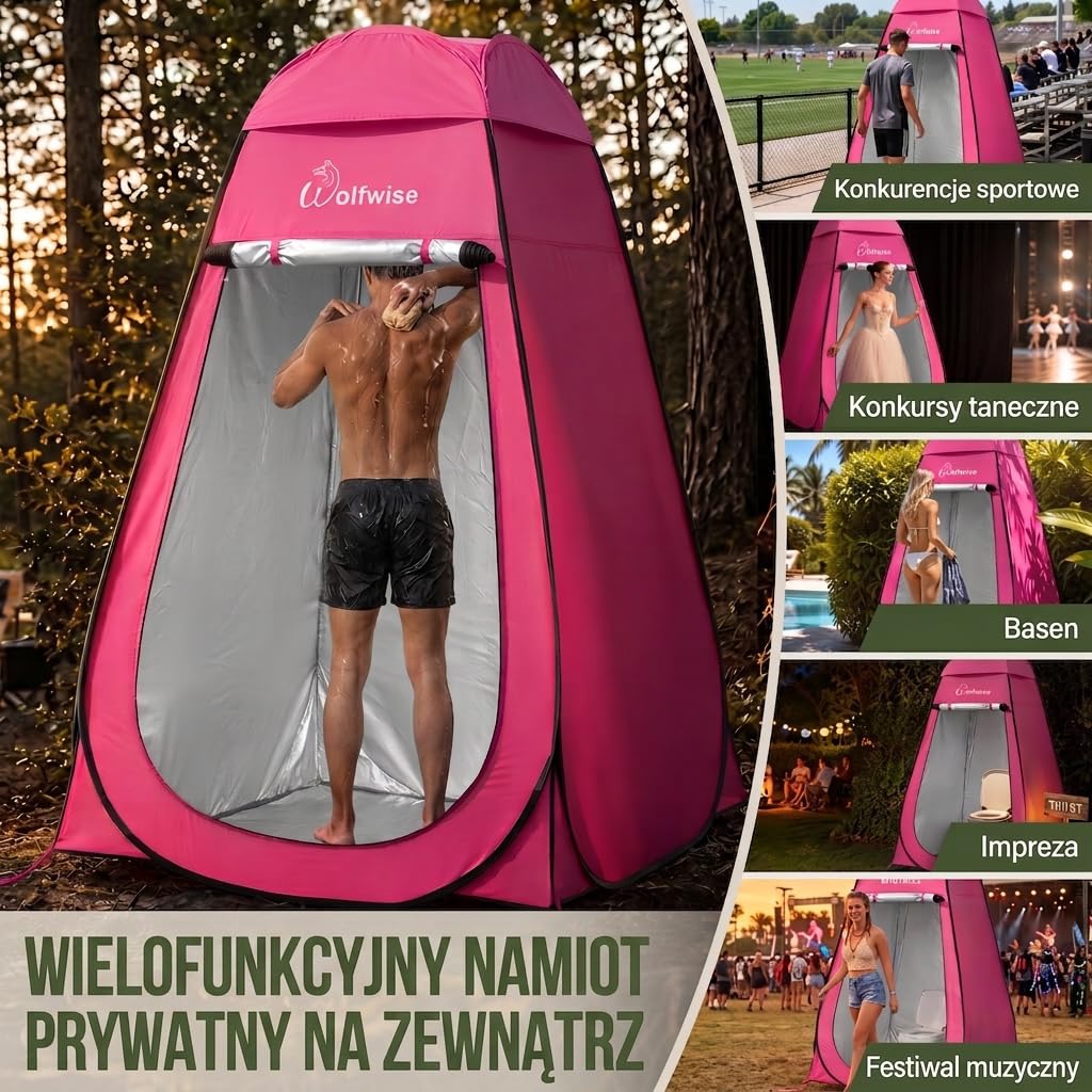 WolfWise Pop-Up namiot prysznicowy kempingowy i przebieralnia z podłogą – pokryty srebrem, ochrona przed promieniowaniem UV 50+, wodoodporny, namiot toaletowy z oknami i torbą do przenoszenia, do