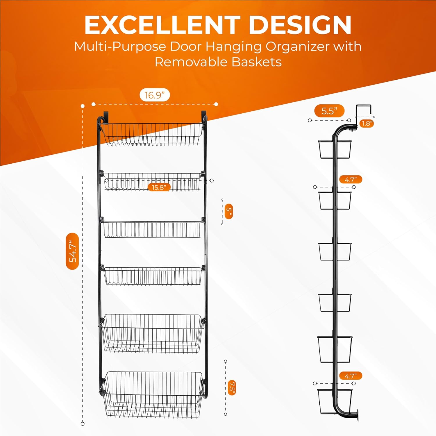 TidyTiers 6-Tier Over-The-Door Pantry Organizer – Heavy-Duty Hanging Rack with Deep Adjustable Baskets – Space-Saving Storage for Pantry, Kitchen, Closets & More
