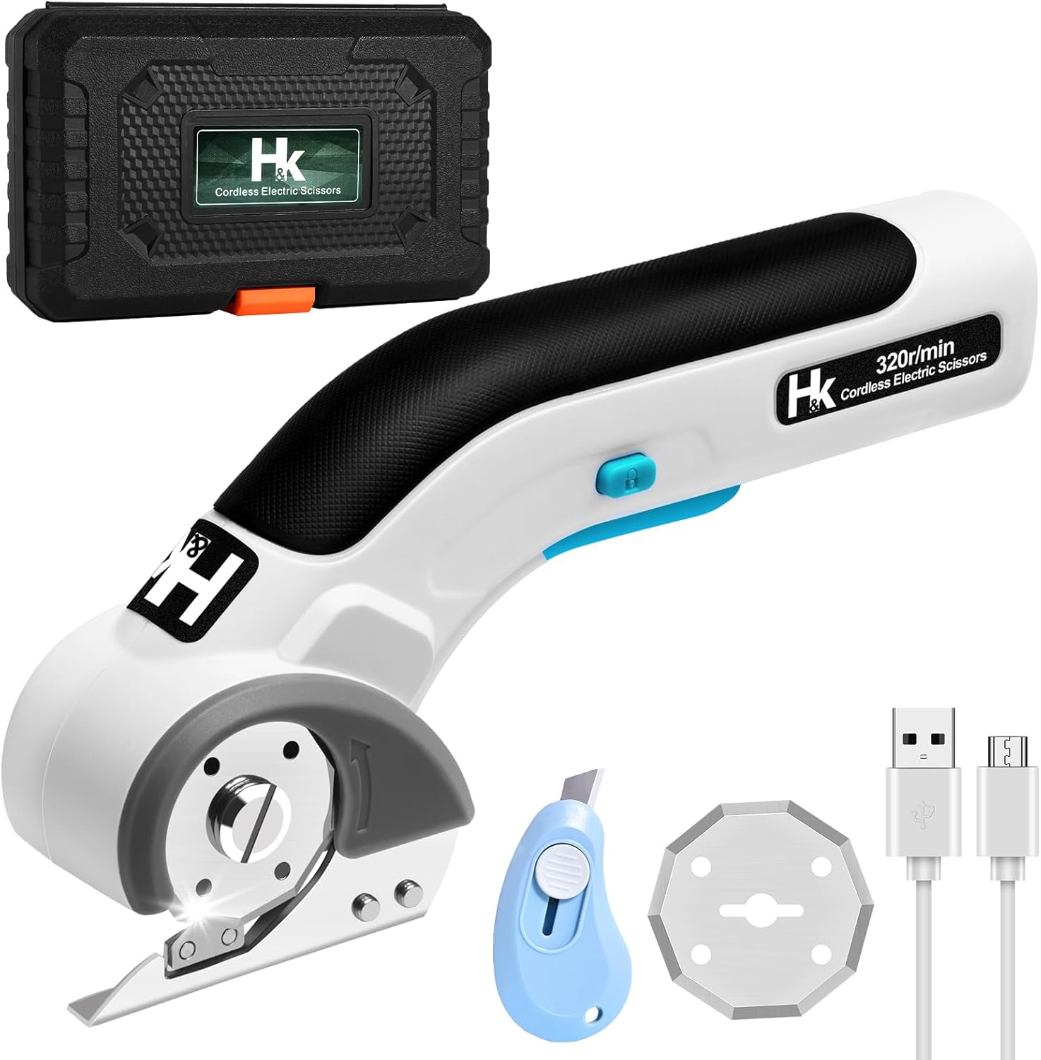 HK Cordless Electric Scissors, 4V Electric Box Cutter, Carpet & Cardboard Cutter Tool with a Replacement Blade/Charger, Rotary Cutter for Cardboard Packages Leather Plastic