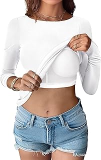 Womens Thermal Shirts Built-in Bra Long Sleeve Tops Boat Neck Fleece Slim Fitted Basic Tee 2025 Fall Winter Outfits