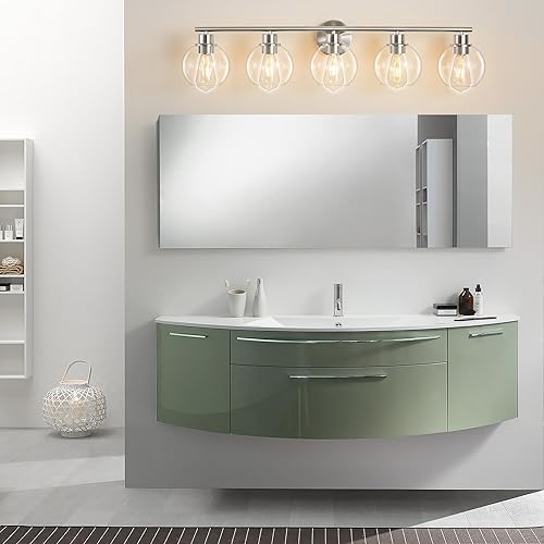 Miniatura 3 de Lámparas de baño sobre espejo, 5 luces, lámpara de tocador de baño con pantalla de vidrio transparente de 37.4 pulgadas, modernas luces de tocador