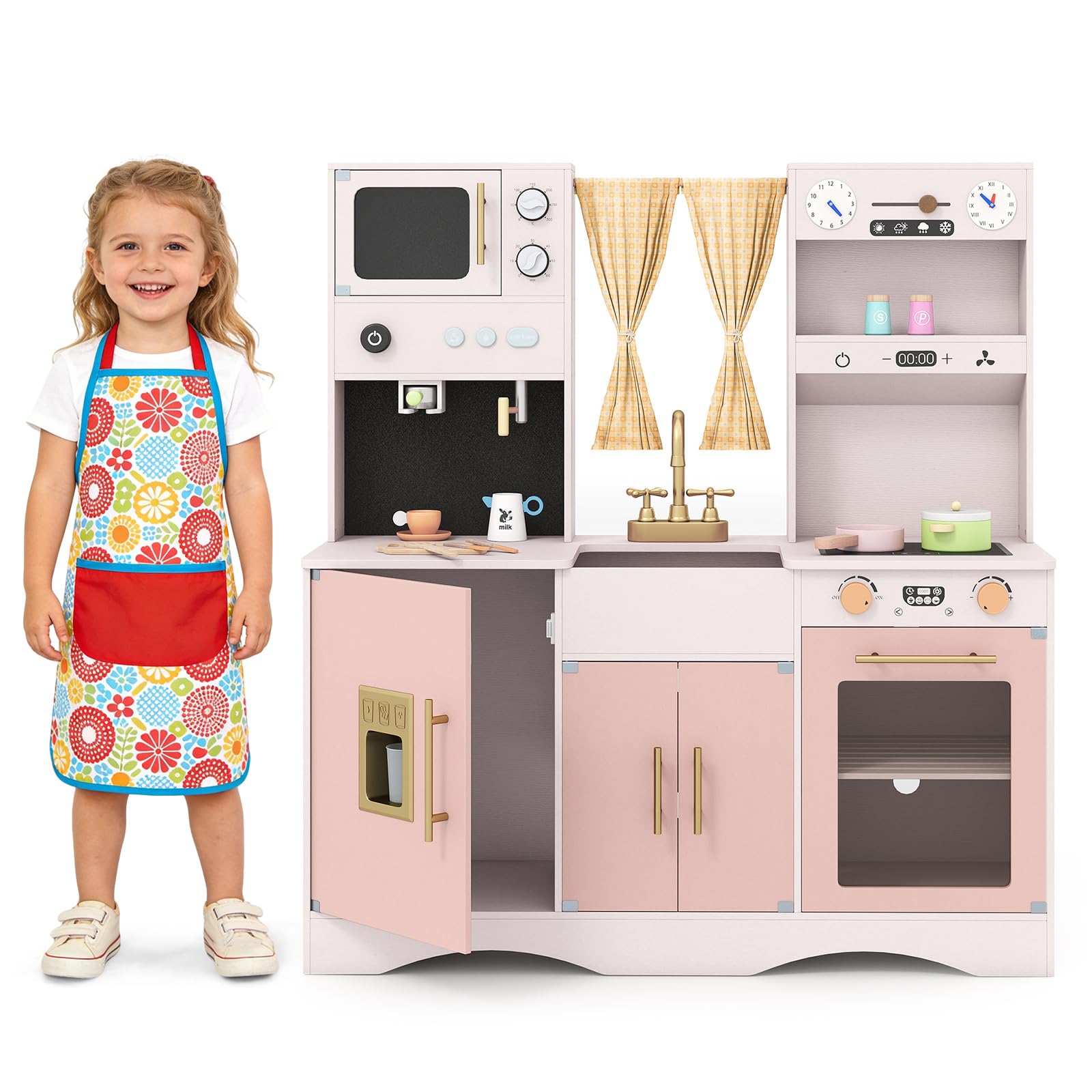 COSTWAY Set da Cucina per Bambini, in Legno, per Bambini 3+ Anni (Rosa)