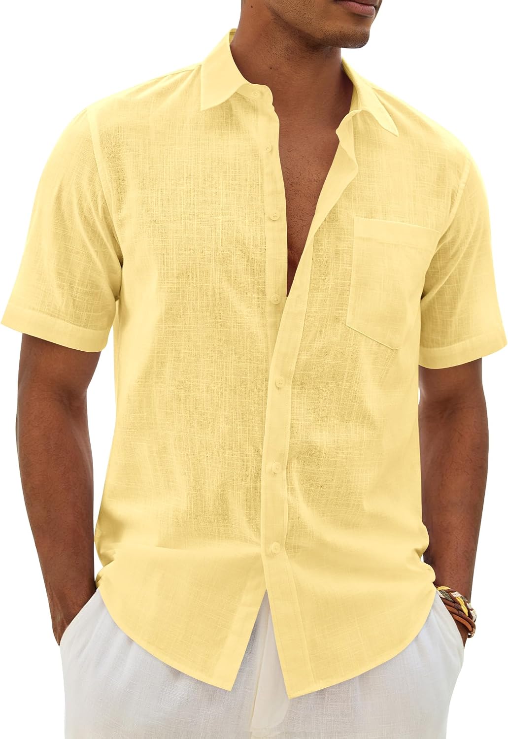 Mens Linen Textured Shirt Button Down Short Sleeve Casual Summer Shirts | 100% Cotton, Untucked, Fashion Resort Wear, from Beach Vacation Cruise, BBQ Camp Fishing, Wedding Party, to Work Office