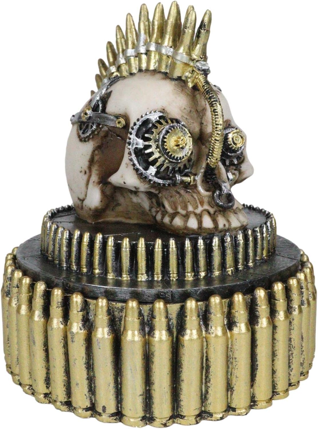 Ebros Gift Steampunk Cyborg Steam Cerebrum Gearwork Rifle Shell Bullets Mohawk War Dog Geared Skull Decorative Stash Jewelry Box Figurine Victorian Sci Fi Skulls Ossuary Oddity Decor
