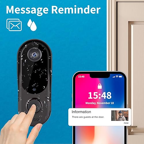 Miniatura 5 de Timbre de video inteligente WiFi de 2.4 GHz con carga inalámbrica, visión completa HD, conversación bidireccional, alertas telefónicas instantáneas,