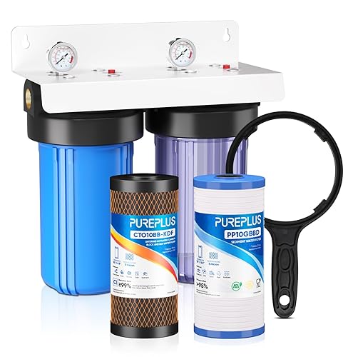 Vista 12 de PUREPLUS Sistema de filtración de agua de 2 etapas para toda la casa, carcasa transparente universal de 10 pulgadas, reduce los sedimentos